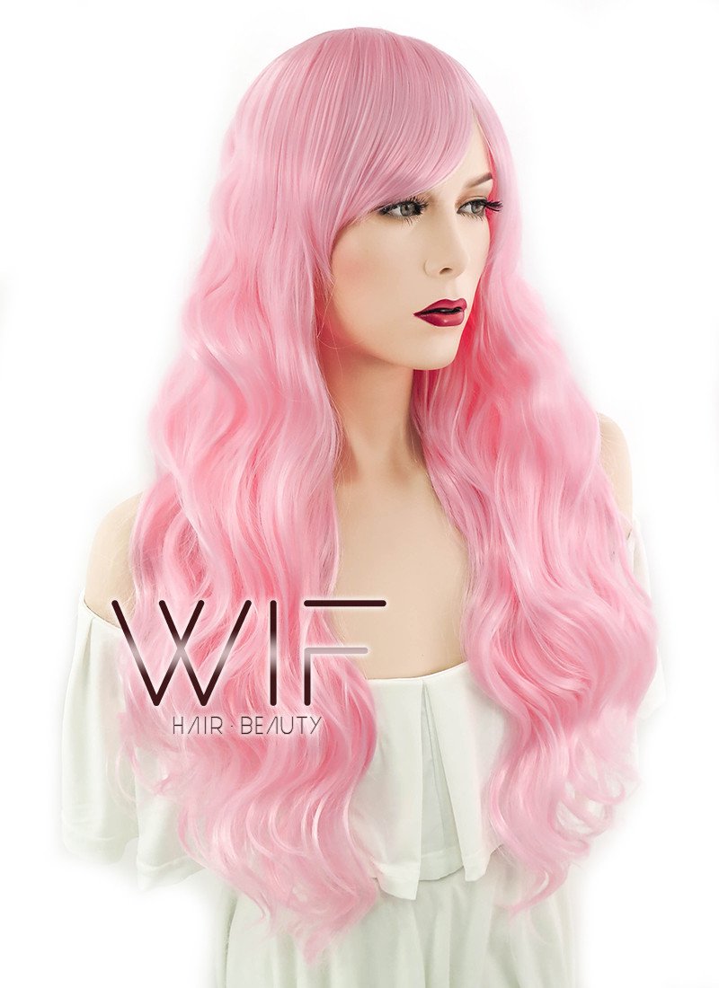 24" Long Curly Light Pink Fashion Synthetic Hair Wig CM165