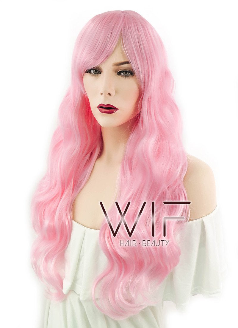 24" Long Curly Light Pink Fashion Synthetic Hair Wig CM165