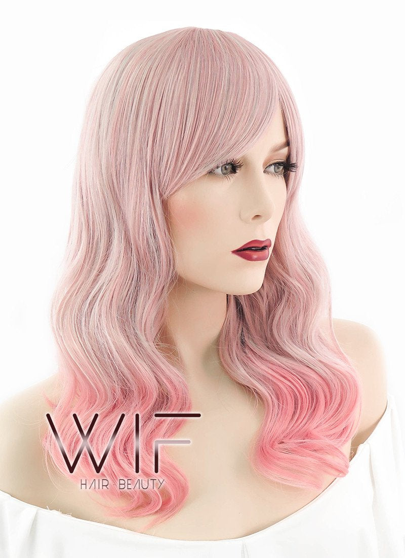 20" Long Curly Grey Blue Mixed Pink Fashion Synthetic Hair Wig CM184