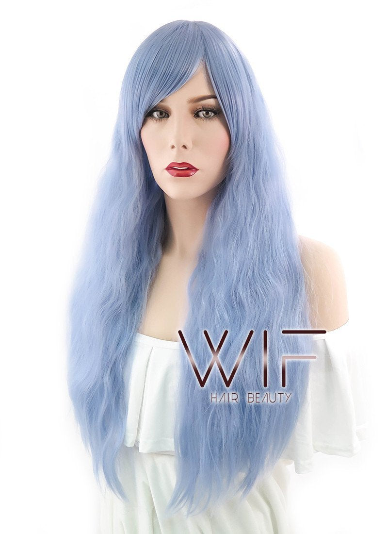 28" Long Curly Light Blue Fashion Synthetic Hair Wig CM202