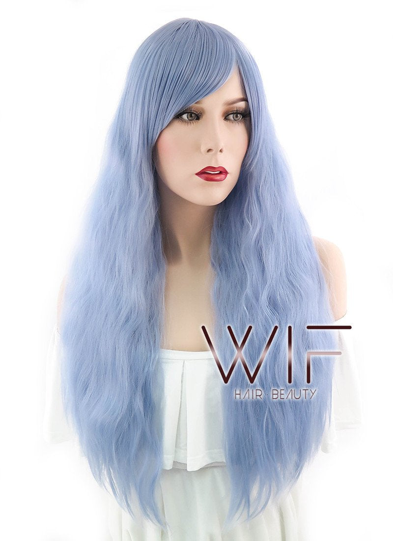 28" Long Curly Light Blue Fashion Synthetic Hair Wig CM202