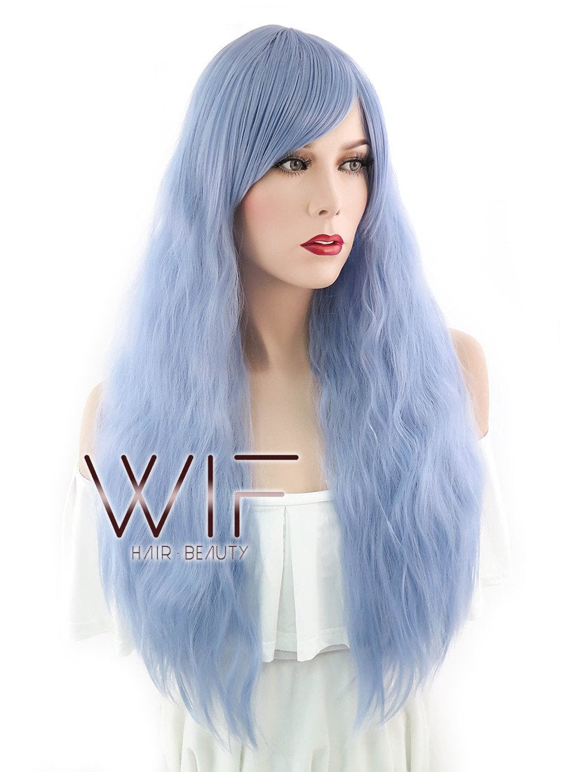 28" Long Curly Light Blue Fashion Synthetic Hair Wig CM202
