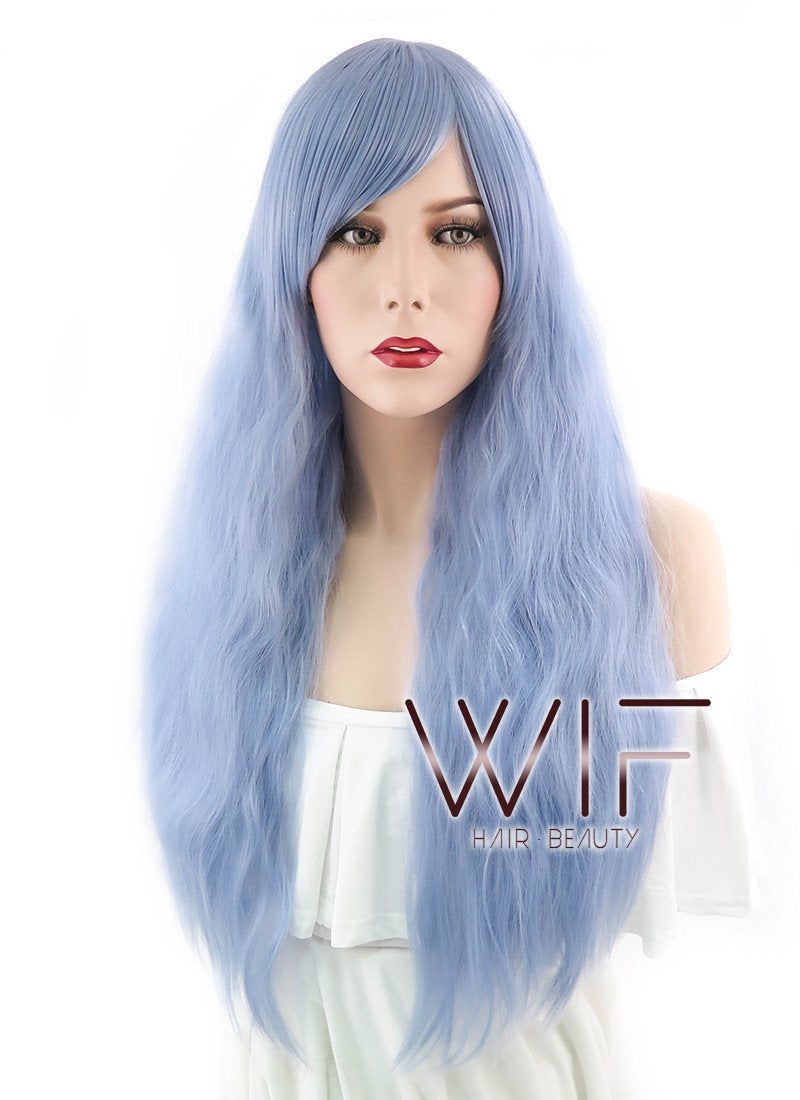 28" Long Curly Light Blue Fashion Synthetic Hair Wig CM202