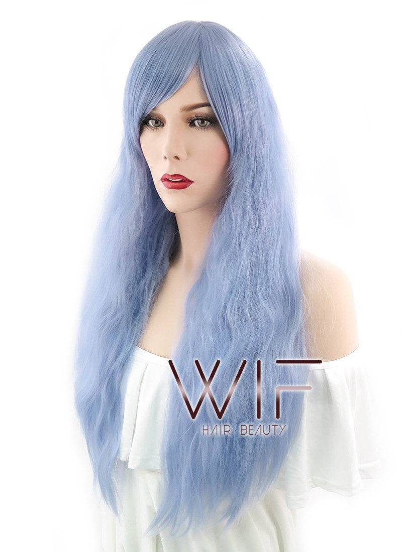 28" Long Curly Light Blue Fashion Synthetic Hair Wig CM202