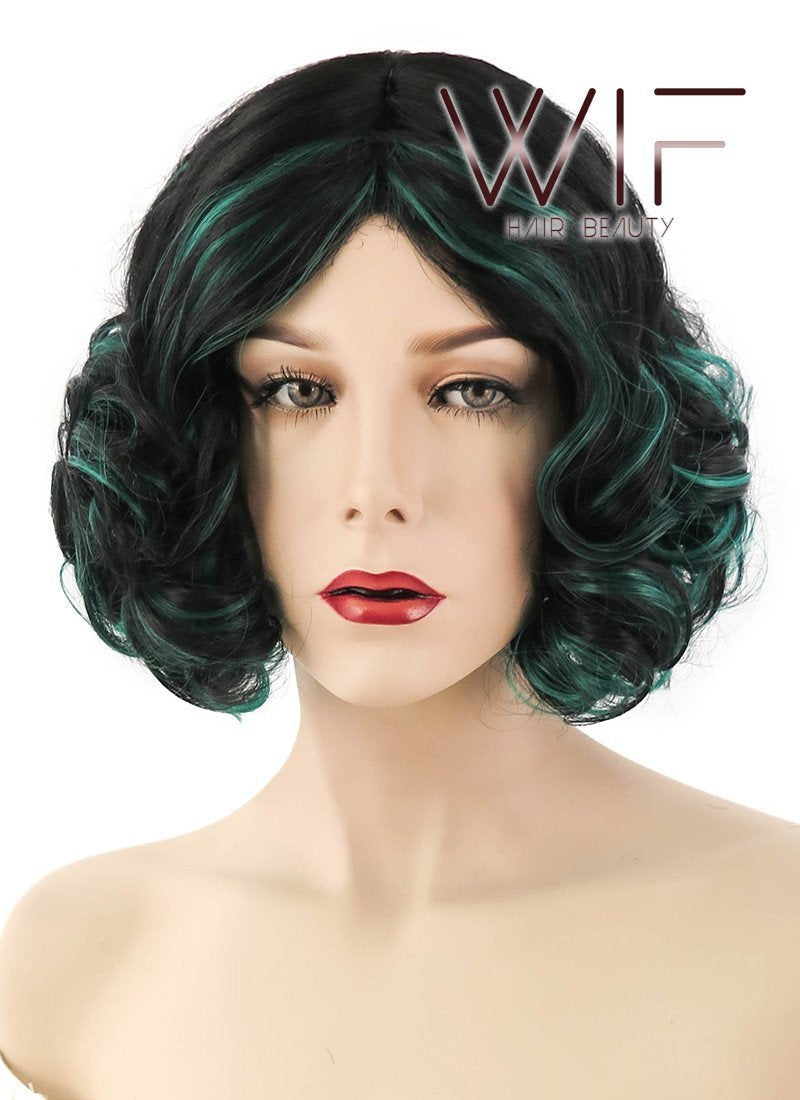 10" Wavy Black Mixed Green Synthetic Wig CM207