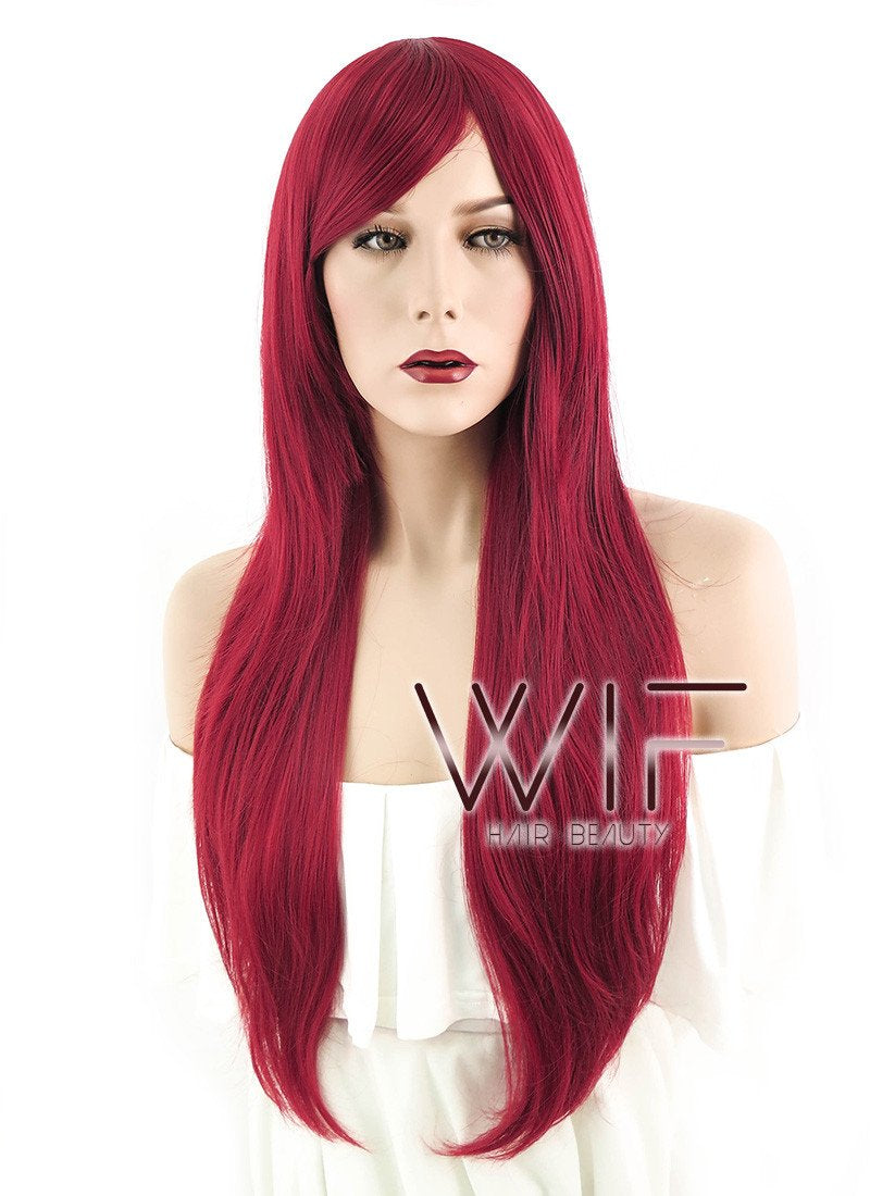 28" Straight Dark Red Synthetic Wig GM007