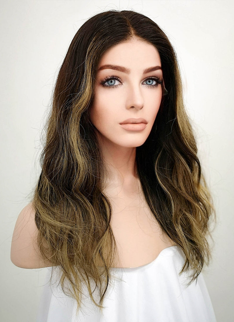 16" Long Wavy Blonde Mixed Brown Lace Front Remy Natural Hair Wig HG003