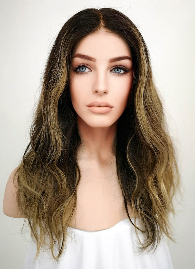 16" Long Wavy Blonde Mixed Brown Lace Front Remy Natural Hair Wig HG003
