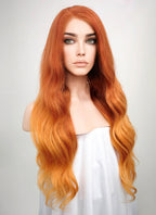 24" Long Wavy Two Tone Orange Lace Front Remy Natural Hair Wig HH096