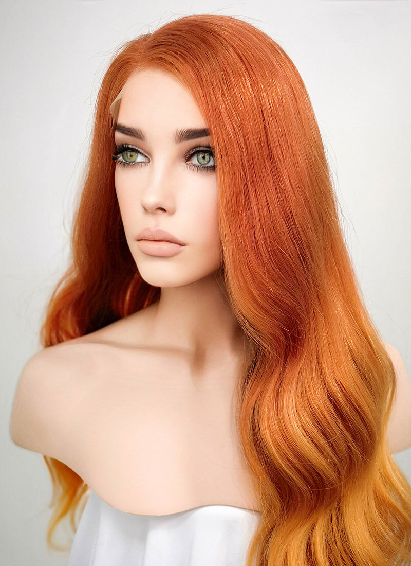 24" Long Wavy Two Tone Orange Lace Front Remy Natural Hair Wig HH096