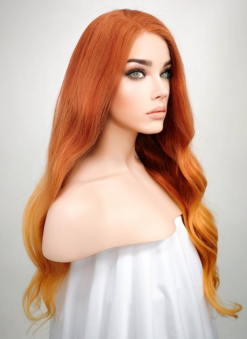24" Long Wavy Two Tone Orange Lace Front Remy Natural Hair Wig HH096