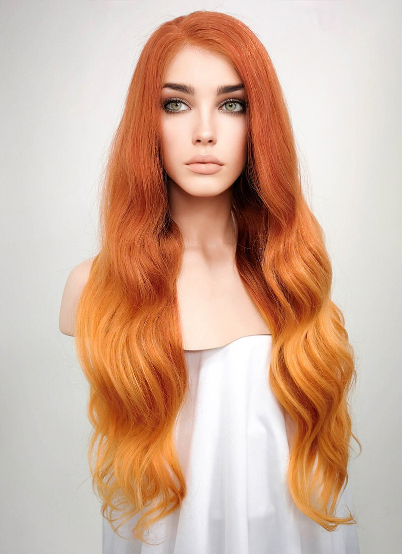 24" Long Wavy Two Tone Orange Lace Front Remy Natural Hair Wig HH096