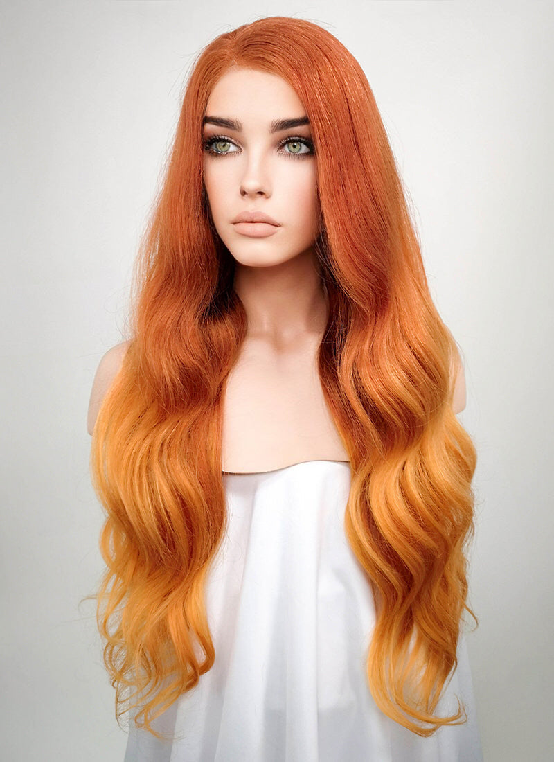 24" Long Wavy Two Tone Orange Lace Front Remy Natural Hair Wig HH096