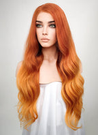 24" Long Wavy Two Tone Orange Lace Front Remy Natural Hair Wig HH096