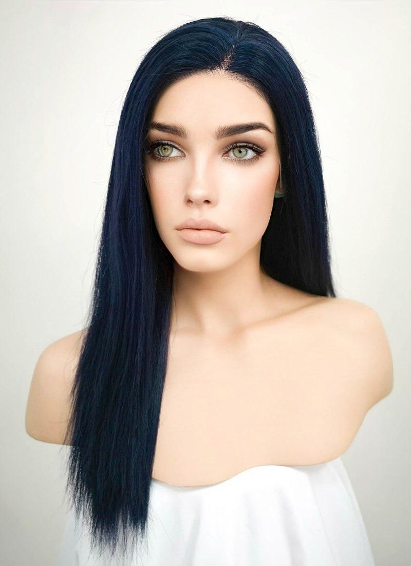14" Long Straight Dark Blue Lace Front Remy Natural Hair Wig HH135