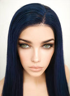 14" Long Straight Dark Blue Lace Front Remy Natural Hair Wig HH135