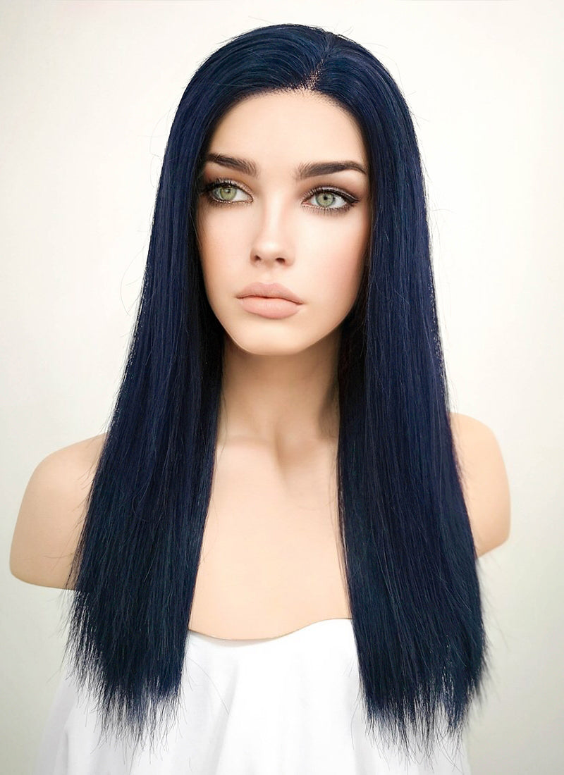 14" Long Straight Dark Blue Lace Front Remy Natural Hair Wig HH135