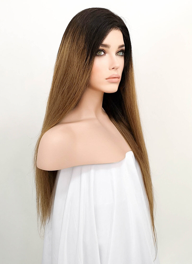 24" Long Straight Chestnut Brown With Dark Roots Lace Front Remy Natural Hair Wig HH136