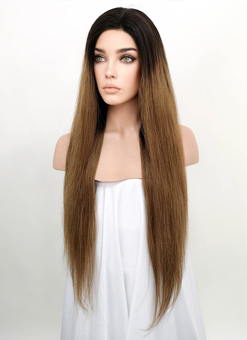 24" Long Straight Chestnut Brown With Dark Roots Lace Front Remy Natural Hair Wig HH136