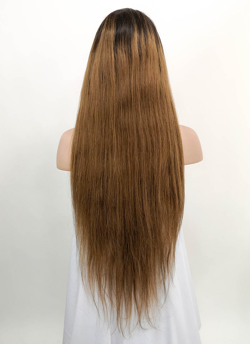 24" Long Straight Chestnut Brown With Dark Roots Lace Front Remy Natural Hair Wig HH136 - wifhair