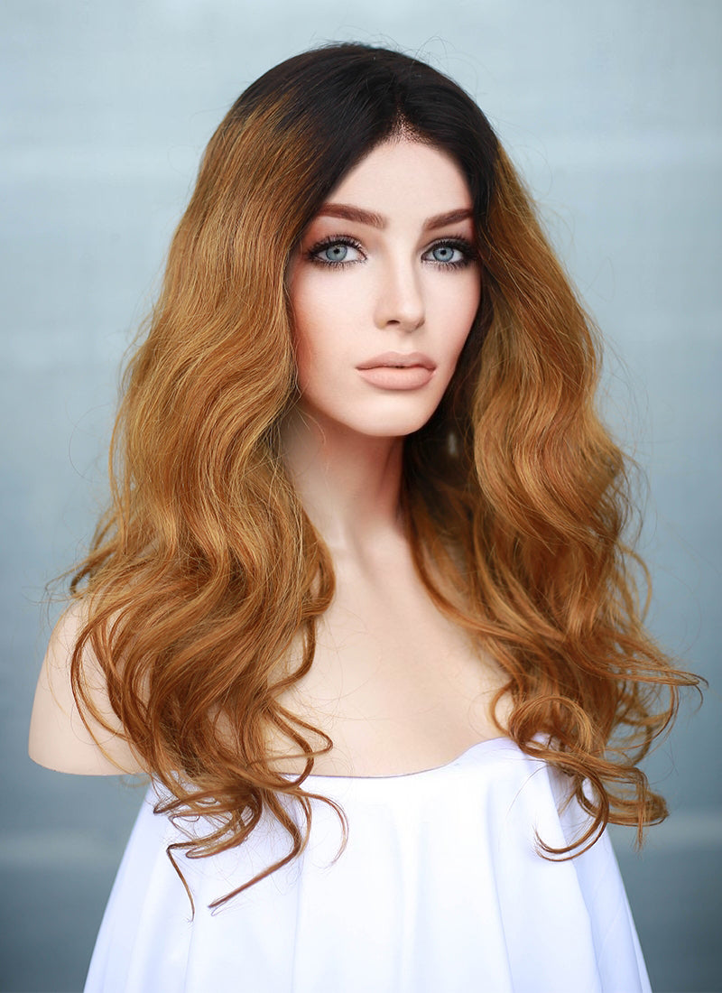 16" Long Wavy Blonde With Dark Roots Full Lace Remy Natural Hair Wig HH141