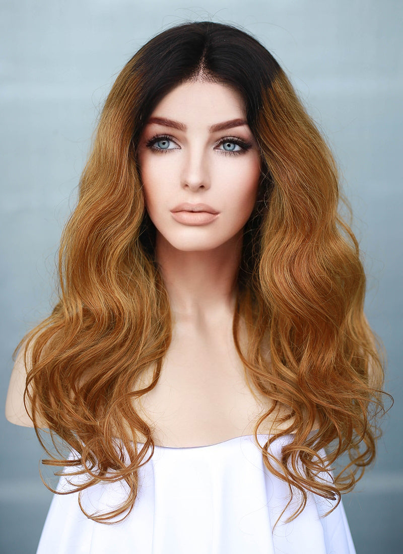 16" Long Wavy Blonde With Dark Roots Full Lace Remy Natural Hair Wig HH141