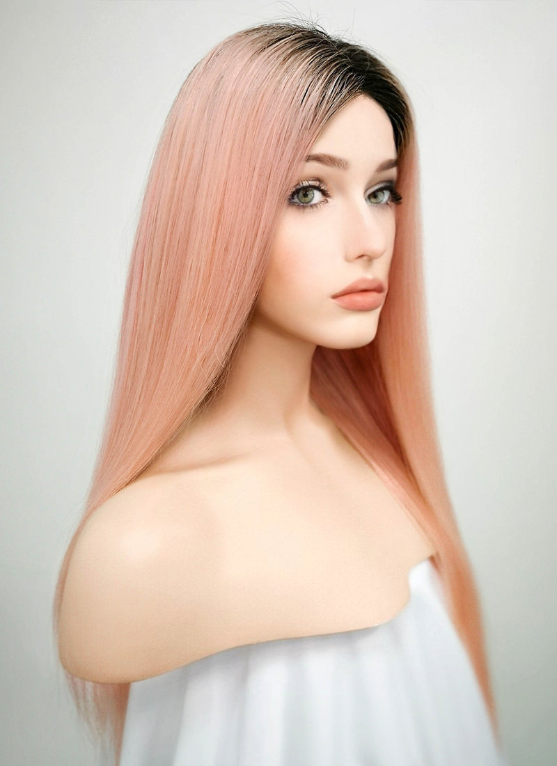 18" Long Straight Light Pink With Dark Roots Lace Front Remy Natural Hair Wig HH144