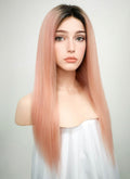 18" Long Straight Light Pink With Dark Roots Lace Front Remy Natural Hair Wig HH144
