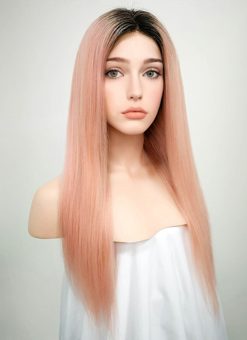 18" Long Straight Light Pink With Dark Roots Lace Front Remy Natural Hair Wig HH144