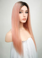 18" Long Straight Light Pink With Dark Roots Lace Front Remy Natural Hair Wig HH144