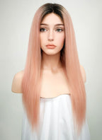 18" Long Straight Light Pink With Dark Roots Lace Front Remy Natural Hair Wig HH144