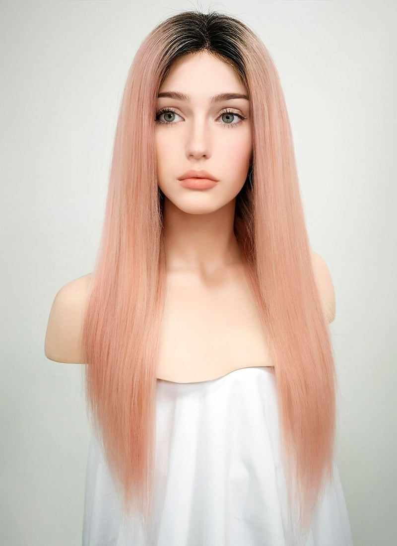 18" Long Straight Light Pink With Dark Roots Lace Front Remy Natural Hair Wig HH144