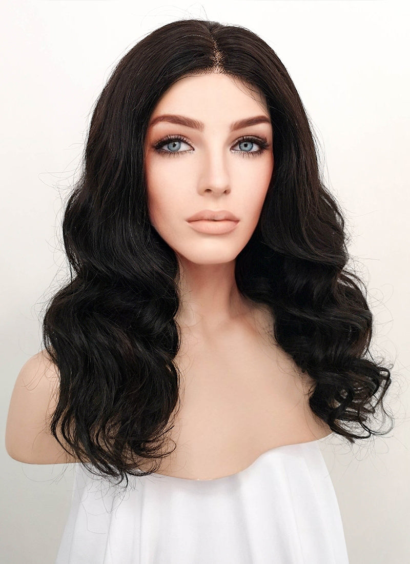 16" Long Wavy Black Lace Front Remy Natural Hair Wig HH174