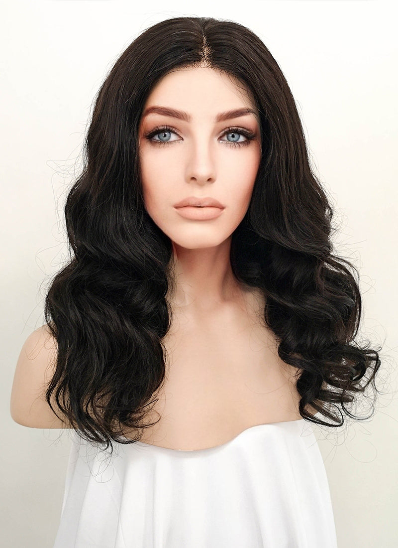 16" Long Wavy Black Lace Front Remy Natural Hair Wig HH174