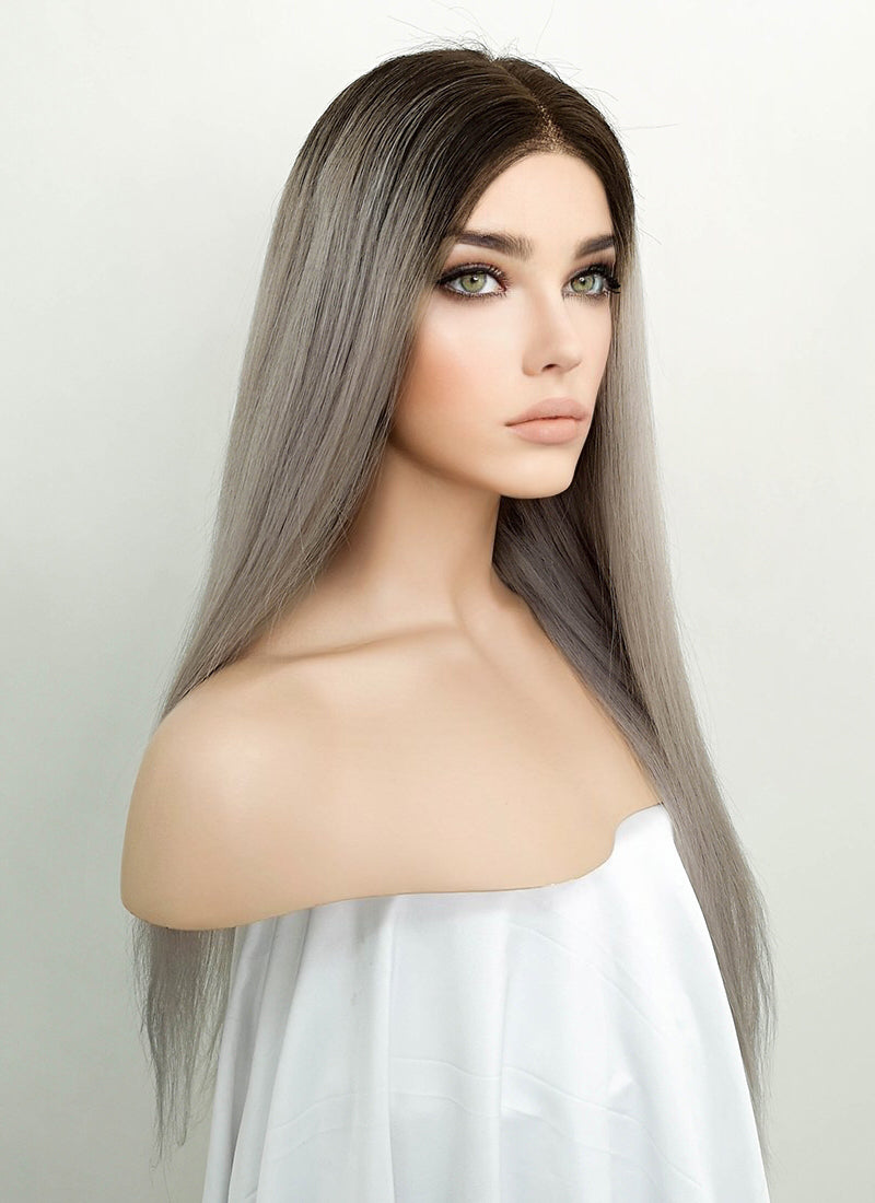 18" Long Straight Grey With Brown Roots Lace Front Remy Natural Hair Wig HH175