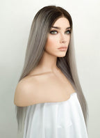 18" Long Straight Grey With Brown Roots Lace Front Remy Natural Hair Wig HH175