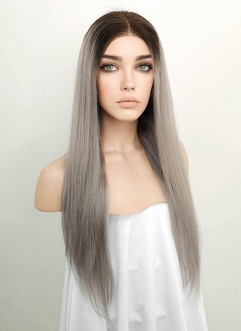 18" Long Straight Grey With Brown Roots Lace Front Remy Natural Hair Wig HH175