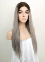 18" Long Straight Grey With Brown Roots Lace Front Remy Natural Hair Wig HH175