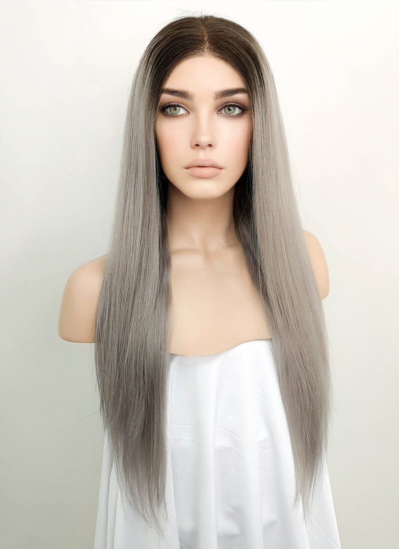 18" Long Straight Grey With Brown Roots Lace Front Remy Natural Hair Wig HH175