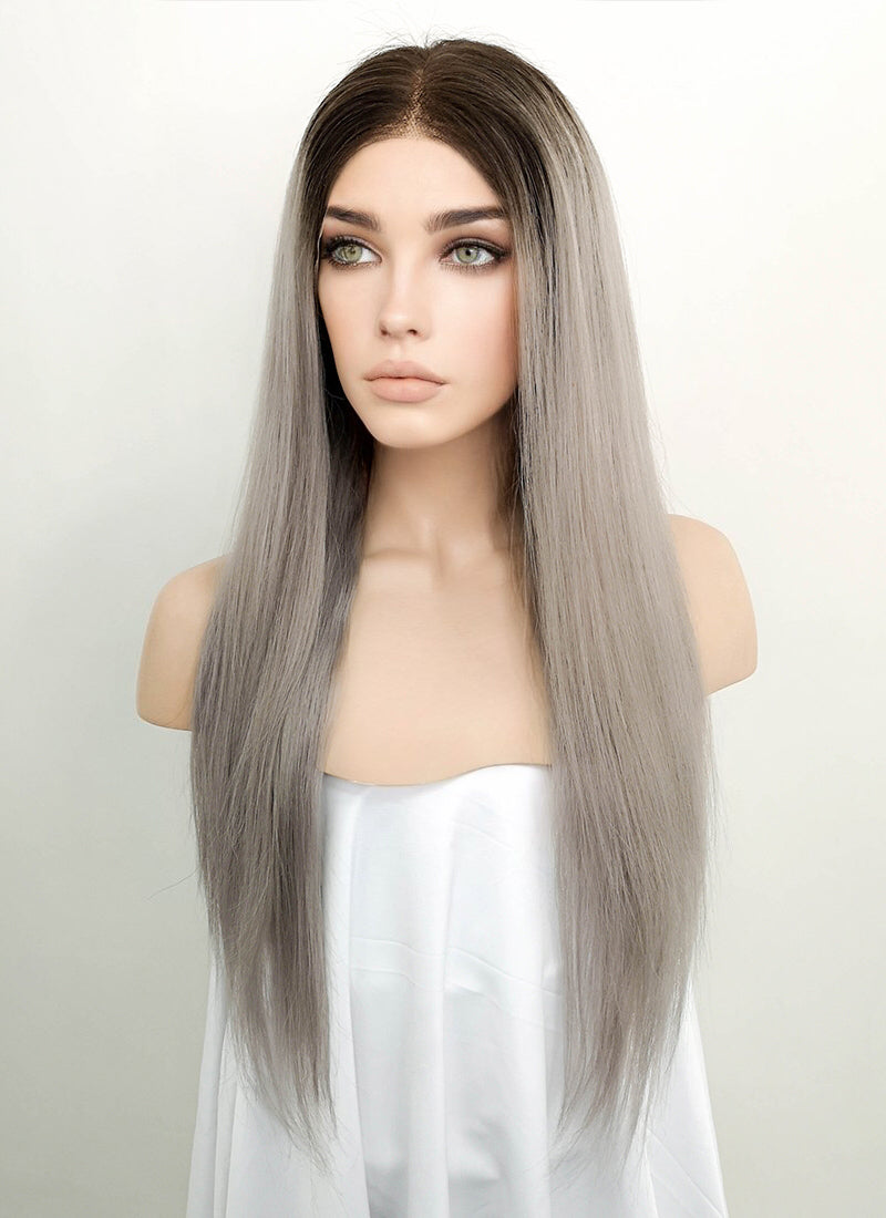18" Long Straight Grey With Brown Roots Lace Front Remy Natural Hair Wig HH175