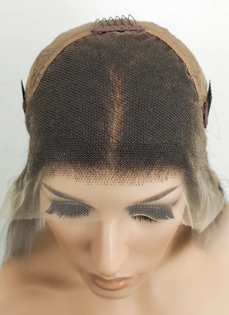 18" Long Straight Grey With Brown Roots Lace Front Remy Natural Hair Wig HH175 - wifhair