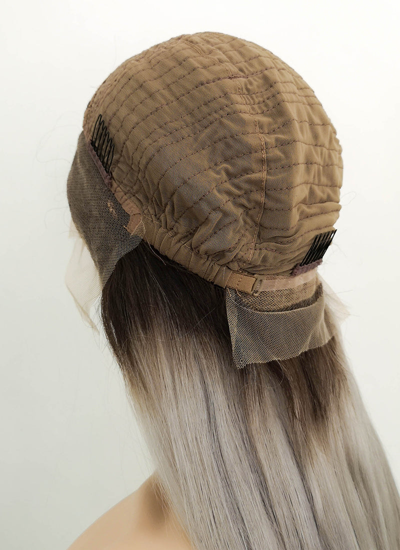 18" Long Straight Grey With Brown Roots Lace Front Remy Natural Hair Wig HH175 - wifhair