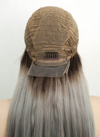 18" Long Straight Grey With Brown Roots Lace Front Remy Natural Hair Wig HH175 - wifhair