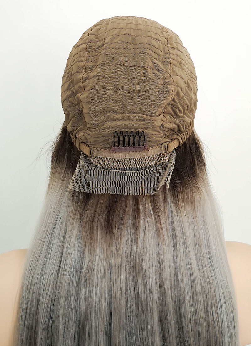 18" Long Straight Grey With Brown Roots Lace Front Remy Natural Hair Wig HH175 - wifhair