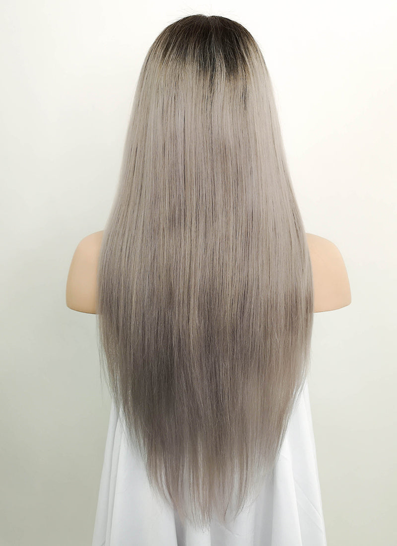 18" Long Straight Grey With Brown Roots Lace Front Remy Natural Hair Wig HH175 - wifhair