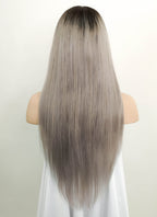 18" Long Straight Grey With Brown Roots Lace Front Remy Natural Hair Wig HH175 - wifhair