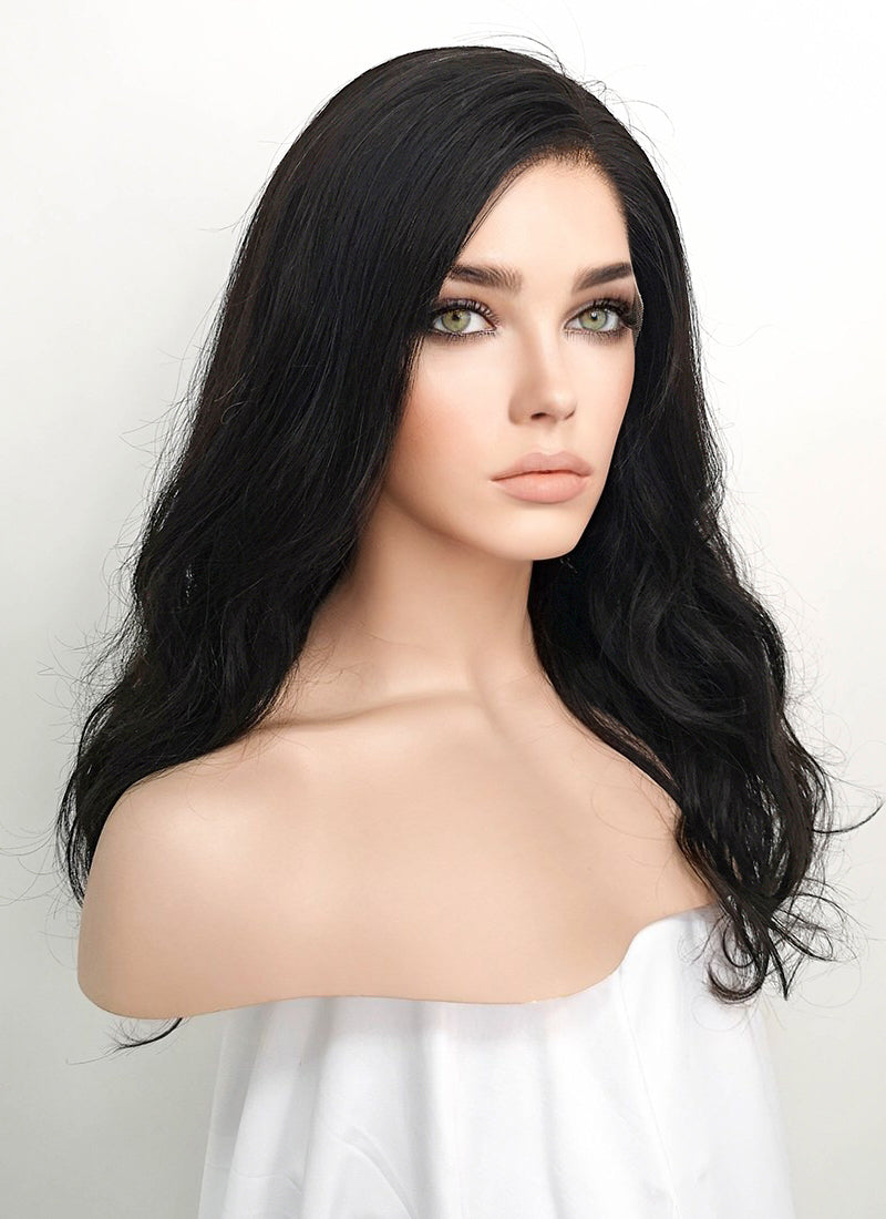 16" Medium Wavy Black Lace Front Remy Natural Hair Wig HH176