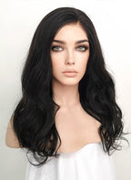 16" Medium Wavy Black Lace Front Remy Natural Hair Wig HH176