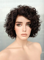 8" Short Curly Black Bob Lace Front Remy Natural Hair Wig HH183