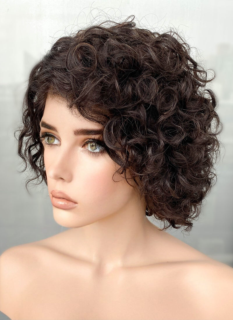 8" Short Curly Black Bob Lace Front Remy Natural Hair Wig HH183